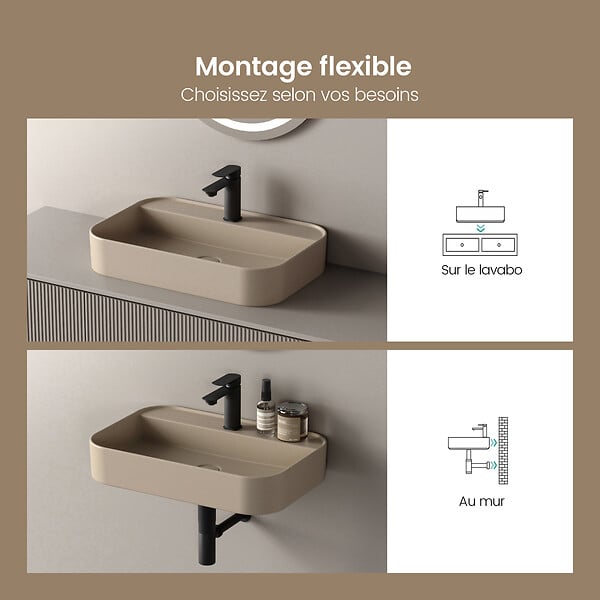 EMKE - EMKE Vasque à Poser 40 x 60 cm – Lavabo Rectangulaire en Céramique Beige Mat aux Coins Arrondis - large