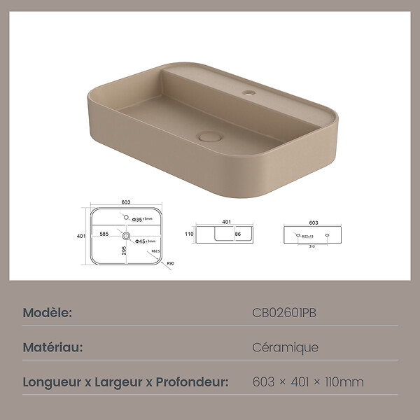 EMKE - EMKE Vasque à Poser 40 x 60 cm – Lavabo Rectangulaire en Céramique Beige Mat aux Coins Arrondis - large