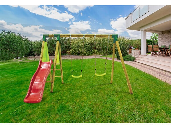 HABITAT ET JARDIN - Portique en bois "Balanga" - Avec 1 Toboggan et 2 Balançoires. - large