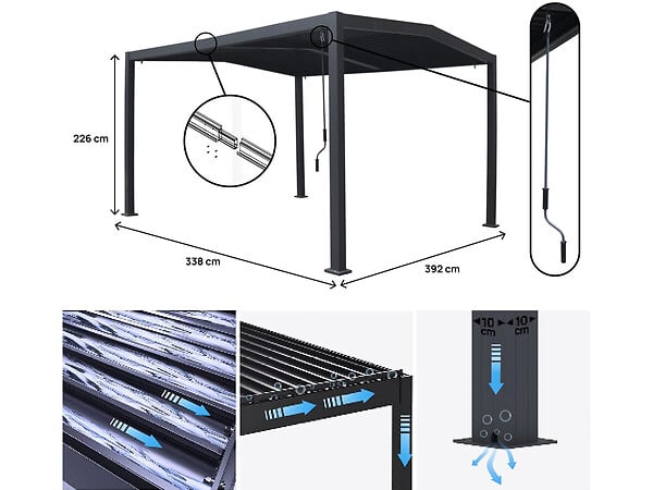 HABITAT ET JARDIN - Pergola bioclimatique toit 2 pans "Victoria" en aluminium et métal- 3,5 x 4 m - Gris - large