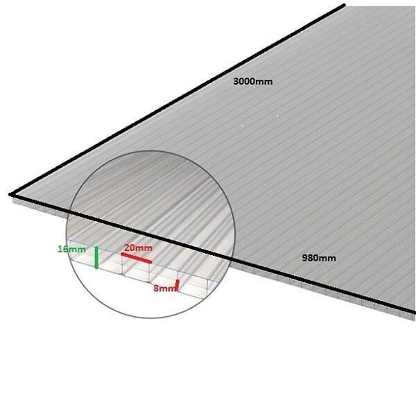 MCCOVER - Plaque polycarbonate alvéolaire 16mm Opaline, ep.16 mm, l.98 cm, L.2 m - large