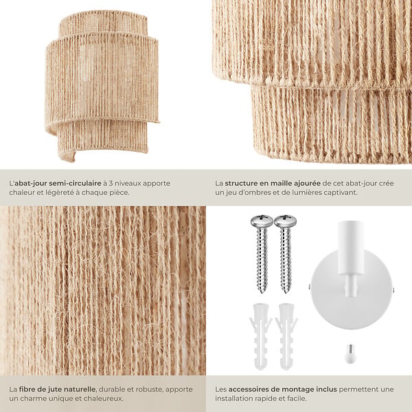 TECTAKE - Applique murale LIGNEA LUX en jute de style bohème 40W marron naturel - large