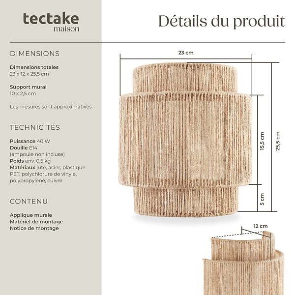 TECTAKE - Applique murale LIGNEA LUX en jute de style bohème 40W marron naturel - large