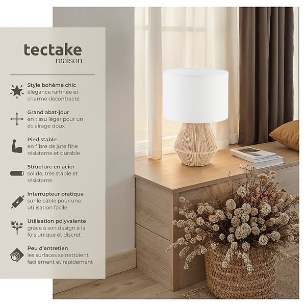 TECTAKE - Lampe de chevet LIGNEA LUX en jute au style bohème 60W marron naturel - large