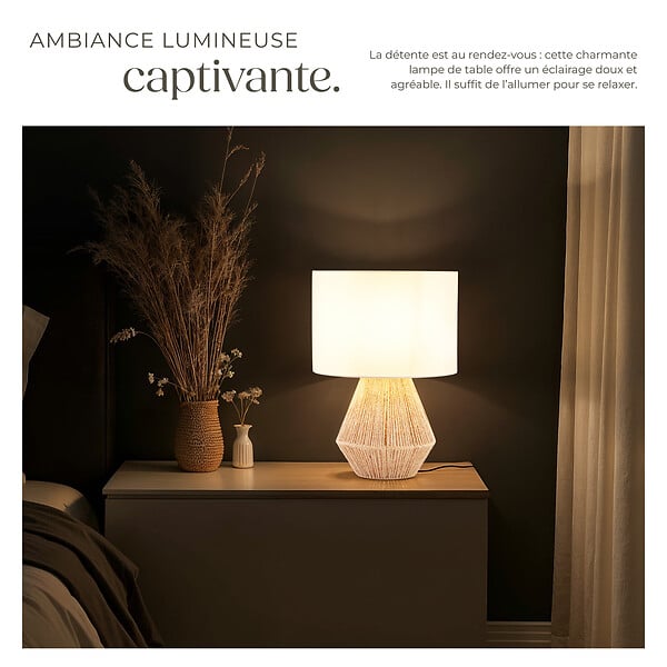 TECTAKE - Lampe de chevet LIGNEA LUX en jute au style bohème 60W marron naturel - large