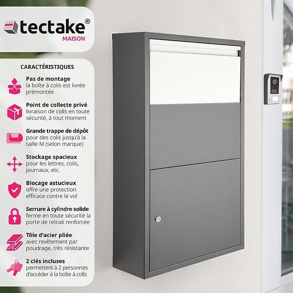 TECTAKE - Boîte à colis Fortress avec clapet de sécurité 44 x 22 x 82 cm gris anthracite - large