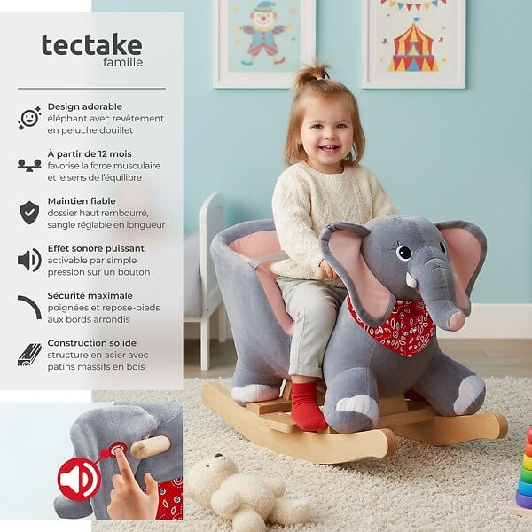 TECTAKE - Éléphant à bascule en peluche à partir de 12 mois gris - large