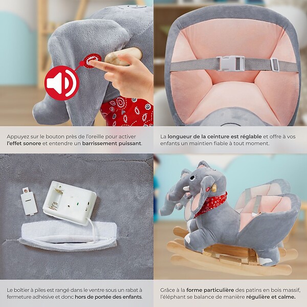 TECTAKE - Éléphant à bascule en peluche à partir de 12 mois gris - large