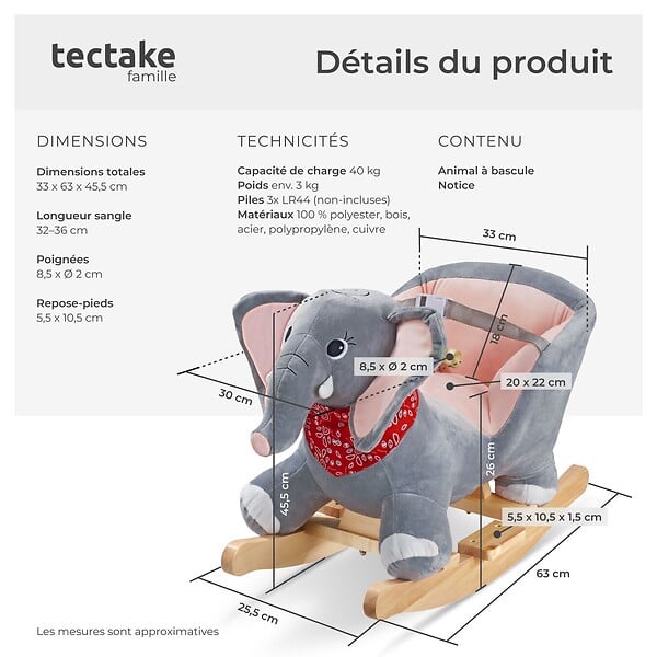 TECTAKE - Éléphant à bascule en peluche à partir de 12 mois gris - large