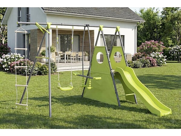 HABITAT ET JARDIN - Portique de jeu métal avec toboggan "Dany"- 5 agrès - Vert - large