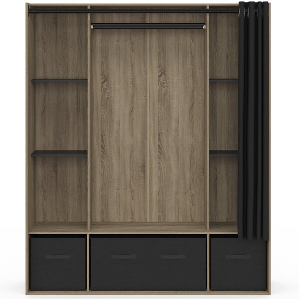 ID MARKET - Dressing penderie DIANE 140 x 45 x 167 cm hêtre avec étagères + boites de rangement + rideau noir - large