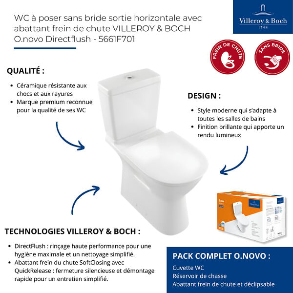 VILLEROY ET BOCH - Combipack O.NOVO Plus avec DirectFlush WC à poser en céramique - Sortie horizontale - Couleur : blanc - avec abattant coordonné. - large