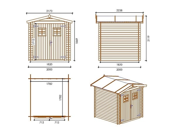 ALTANKA - Abri de jardin en bois - 4m2 - 2x2m - Ep. 19mm - Couleur: naturel - DOM565 - large
