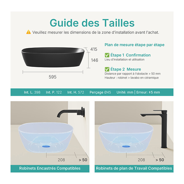 EMKE - EMKE Vasque à Poser Rectangulaire Arrondie 600 x 415 x 135 mm, Lavabo en Céramique de Salle de Bain, Noir Mat - large