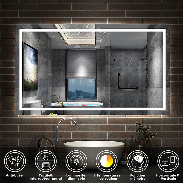 AICA SANITAIRE - AICA Miroir de salle de bain 140x80cm Tri-color anti-buée LED avec mémoire et lumière gradation - large