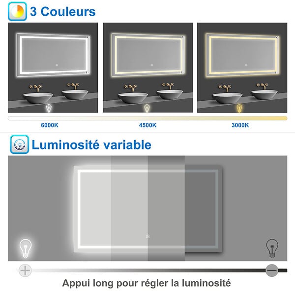 AICA SANITAIRE - AICA Miroir de salle de bain 140x80cm Tri-color anti-buée LED avec mémoire et lumière gradation - large