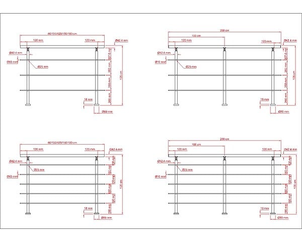 AICA SANITAIRE - Garde-corps 180cm argenté, 1 main courante, 3 traverses, inox 201, intérieur et extérieur, design moderne - kit complet - large