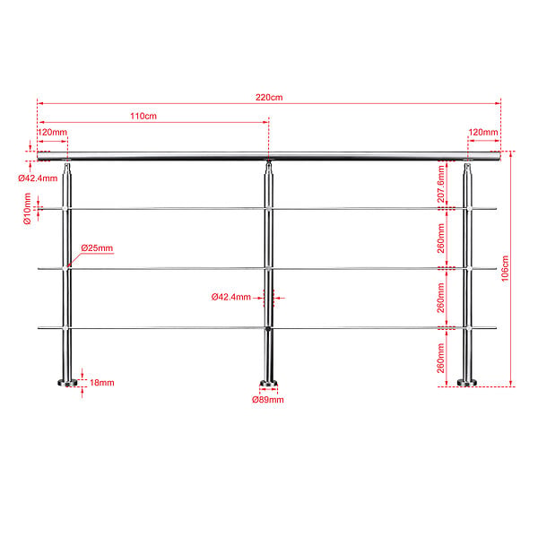 AICA SANITAIRE - Garde-corps 220cm argenté, 1 main courante, 3 traverses, inox 201, intérieur et extérieur, design moderne - kit complet - large