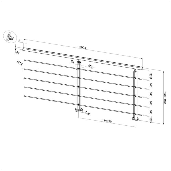 AICA SANITAIRE - Garde-corps aluminium noir mat 2m, avec 5 traverses et 1 main courante, pose à plat contre le mur, en kit complet - large