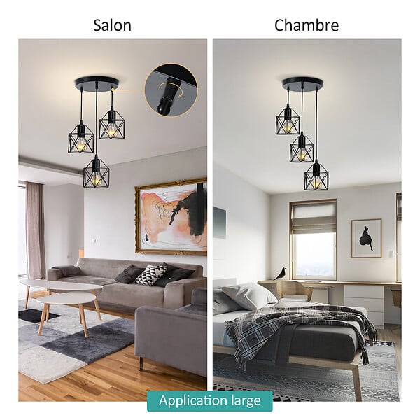 EMKE - EMKE Suspension Vintage 3 Ampoules – Plafonnier Rétro avec Abat-jour en Métal et Douilles E27 Noires - large