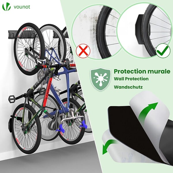 VOUNOT - Support mural rangement pour 6 velos et 3 casques rails et crochets metal noir - large