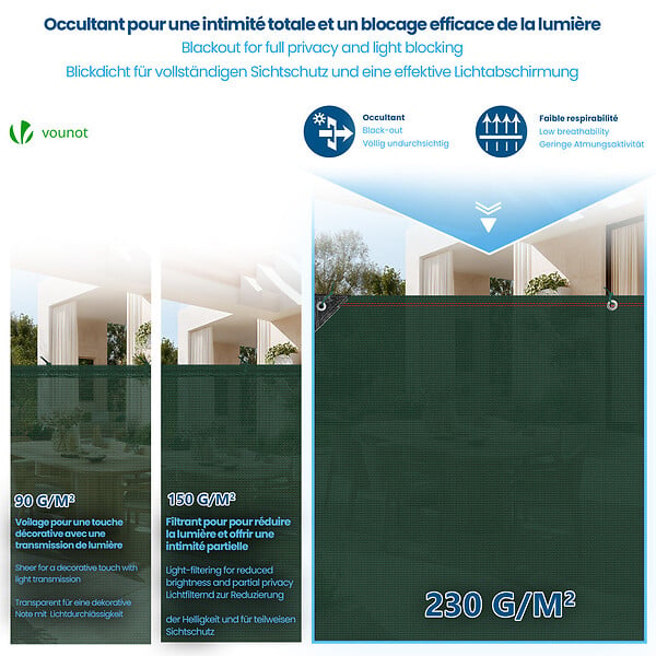 VOUNOT - Brise vue occultant en HDPE 230g/m² 1x20m avec attaches de fixation vert - large