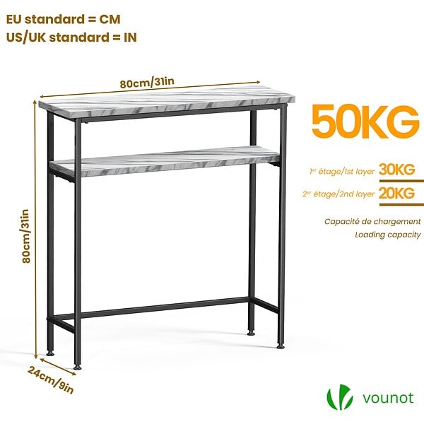 VOUNOT - Console table 2 niveaux style industriel en metal et MDF 80x24x80 cm Blanc - large
