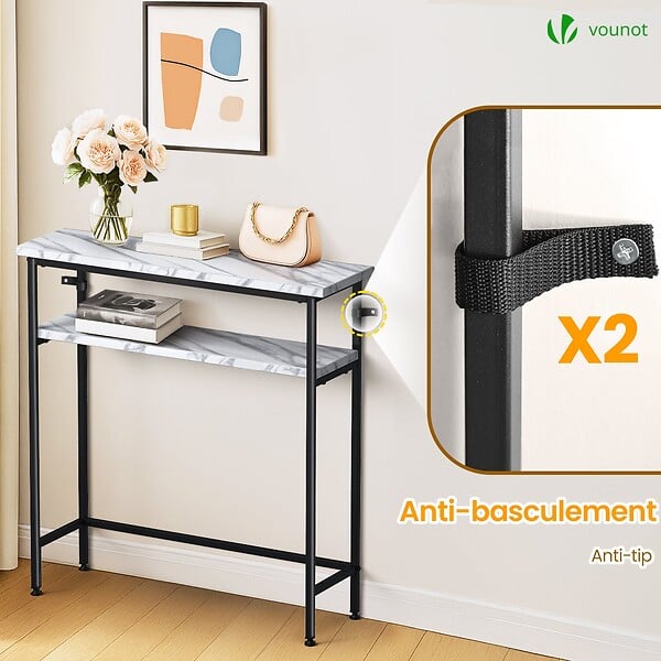 VOUNOT - Console table 2 niveaux style industriel en metal et MDF 80x24x80 cm Blanc - large