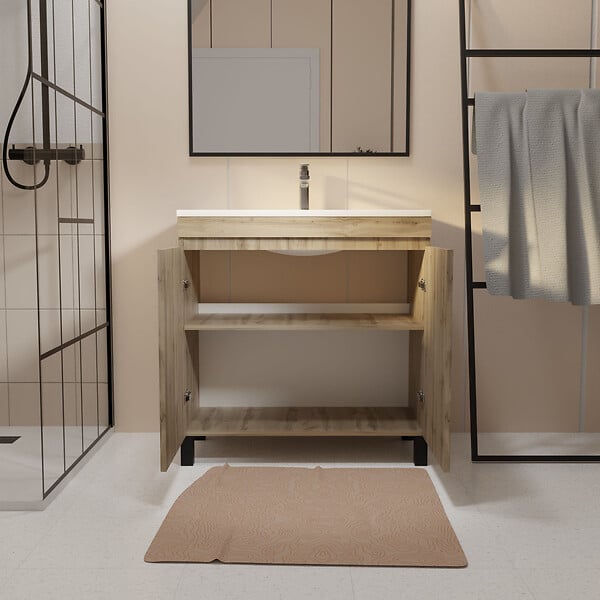 AURLANE - Meuble de salle de bains 60 cm TIMBER - Décor Chêne Naturel à portes avec Vasque céramique blanche - large