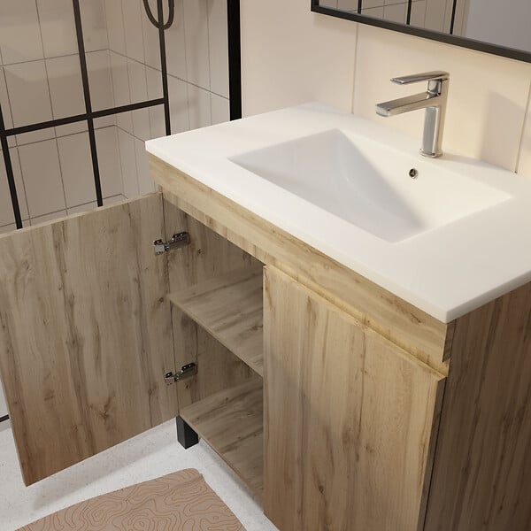 AURLANE - Meuble de salle de bains 80cm 2 Portes_Chêne Naturel + Vasque céramique blanche - TIMBER 80 - large