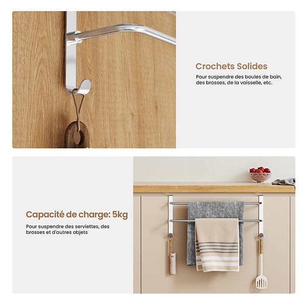 EMKE - EMKE Porte-serviettes double en acier inoxydable SUS201, support mural avec crochets, finition polie électrolytique, 410 × 180 × 124 mm - large
