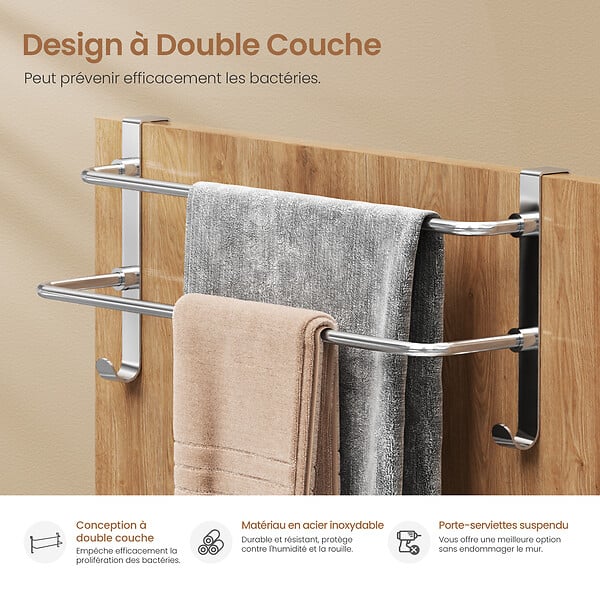 EMKE - EMKE Porte-serviettes double en acier inoxydable SUS201, support mural avec crochets, finition polie électrolytique, 410 × 180 × 124 mm - large