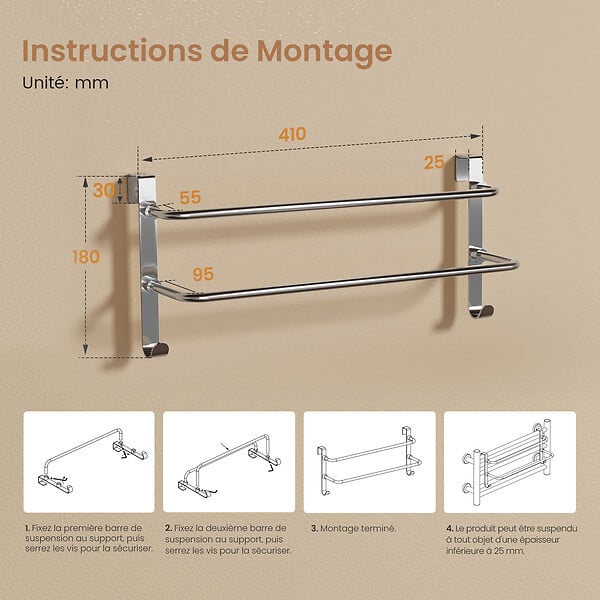 EMKE - EMKE Porte-serviettes double en acier inoxydable SUS201, support mural avec crochets, finition polie électrolytique, 410 × 180 × 124 mm - large