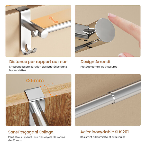 EMKE - EMKE Porte-serviettes extensible en acier inoxydable SUS201, support télescopique poli, réglable 400–635 mm, 100 × 100 × 630 mm - large