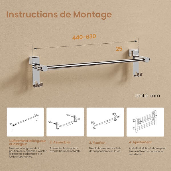 EMKE - EMKE Porte-serviettes extensible en acier inoxydable SUS201, support télescopique poli, réglable 400–635 mm, 100 × 100 × 630 mm - large