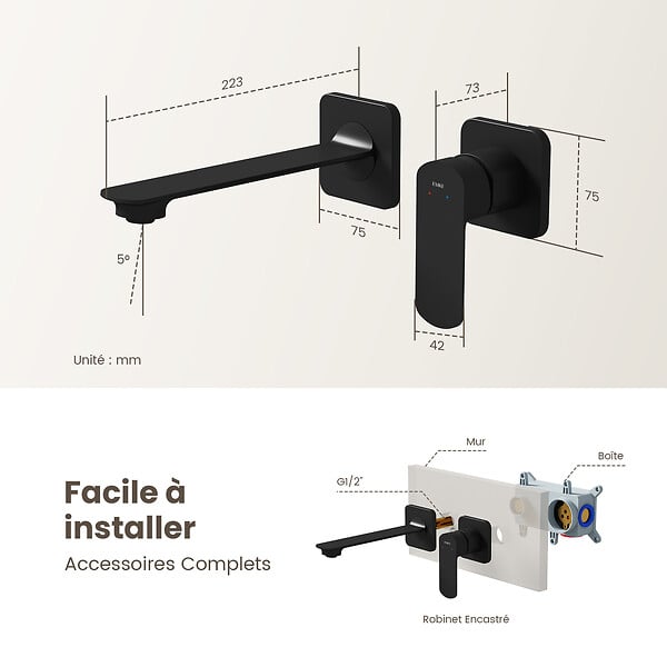 EMKE - EMKE Mitigeur de lavabo mural noir mat, robinet monocommande salle de bain avec aérateur, cartouche céramique, 233 × 127 × 110 mm - large