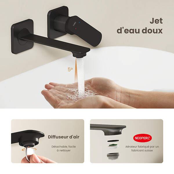 EMKE - EMKE Mitigeur de lavabo mural noir mat, robinet monocommande salle de bain avec aérateur, cartouche céramique, 233 × 127 × 110 mm - large