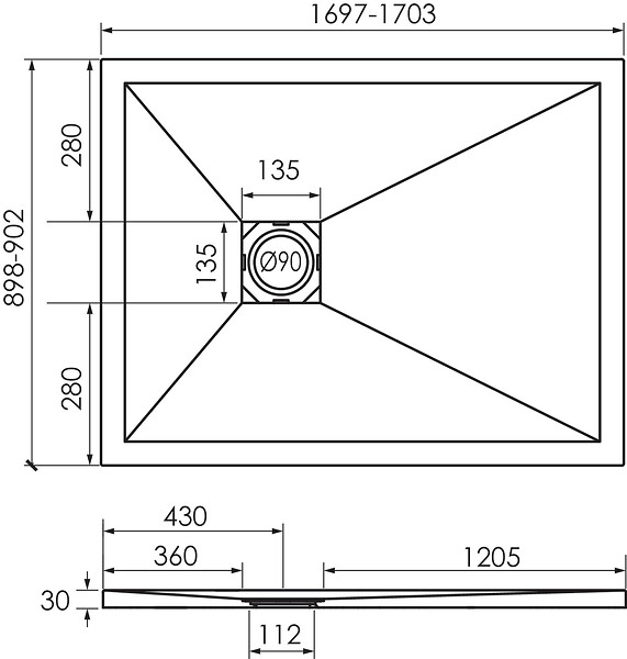 ONDEE - Receveur de douche NARA - Antidérapant Découpable 90x170 cm Résine Blanc Bonde - large