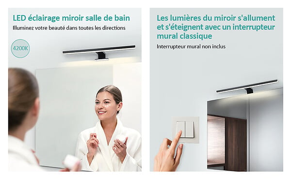 EMKE - EMKE Éclairage LED mural pour salle de bain noir, lampe miroir 40 × 15 cm, lumière neutre 4200 K, montage polyvalent - large