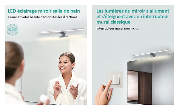 EMKE - EMKE Éclairage LED mural pour salle de bain blanc, lampe miroir 40 × 15 cm, lumière neutre 4200 K, montage polyvalent - large
