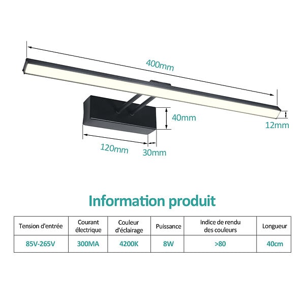 EMKE - EMKE Éclairage LED pour miroir de salle de bain noir, lampe murale orientable 40 × 20 cm, lumière neutre 4200 K - large