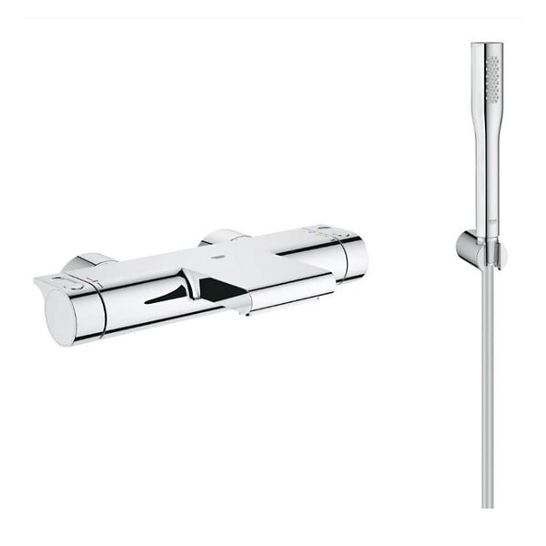 GROHE - Grohe Grohtherm 2000 Set mitigeur thermostatique bain/douche + Douchette 1 jet + Flexible et support mural, Chrome (34174001-Euphoria) - large