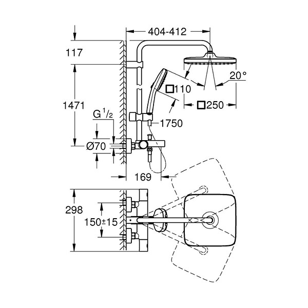 GROHE - Grohe Vitalio Comfort 250 colonne de douche thermostatique bain/douche + douche de tête + douchette à main, noir mat (G269842431) - large