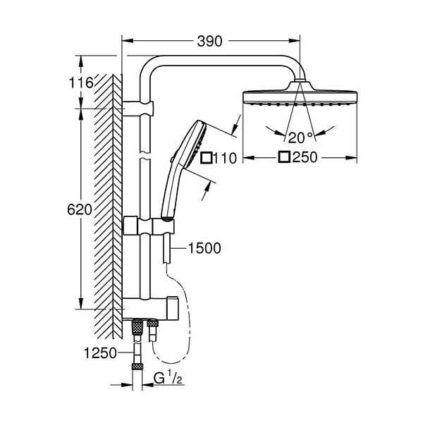 GROHE - Grohe Vitalio Comfort 250 Colonne de douche avec inverseur manuel + Douche de tête 2 jets + Douchette 2 jets, chrome (G26698001) - large