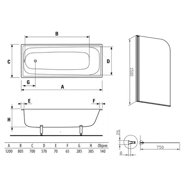 JIKA (GROUPE ROCA) - Jika (Groupe Roca) 120x70 cm Ensemble baignoire Riga universelle + Pare baignoire pivotant chrome + pieds (3402-SETP) - large