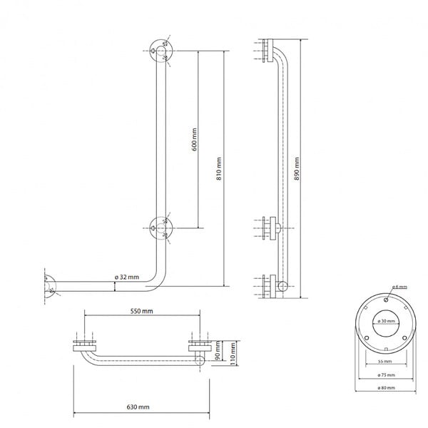 BEMETA - BEMETA HELP Barre de maintien fixe 63x89cm, en forme de L, pose à droite, Acier Inoxydable (301122041) - large
