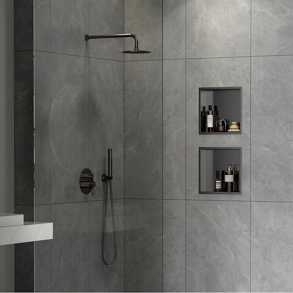SWISS AQUA TECHNOLOGIES - Swiss Aqua Technologies Aurum Niche de Douche à encastrer, Acier Inoxydable 304, 30x30x10cm, Gun Métal brossé PVD (SATAURN3030BGM) - large