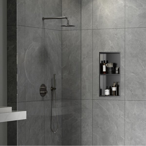 CERAMIA - Ceramia Timeless Niche de Douche à encastrer, Acier Inoxydable 304, 2 étagères, 60x30x10cm, Gun Métal brossé PVD - large