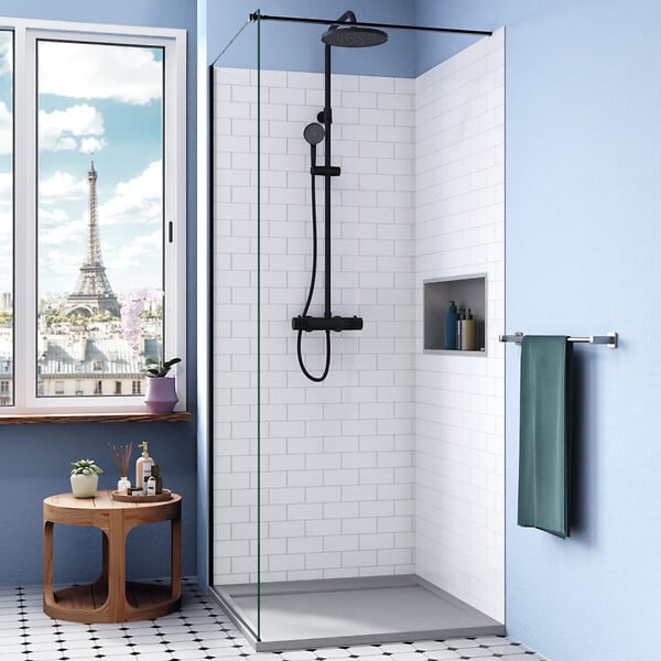CERAMIA - Ceramia Alda Receveur de douche 80x80cm +  Siphon Eslim90. Pierre de synthèse, gris mat (ALD15-8080G-S) - large