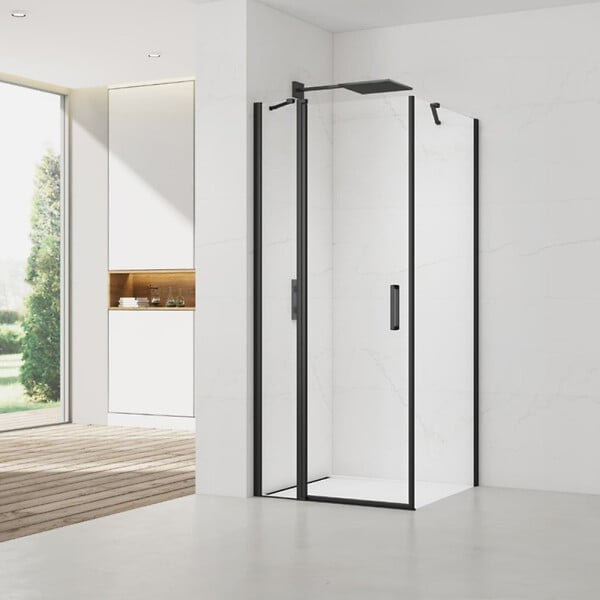 SWISS AQUA TECHNOLOGIES - Swiss Aqua Technologies Fusion ensemble porte pivotante /paroi 90x90cm anticalcaire avec profilés noir mat (SATFUDP90S90C-SET) - large